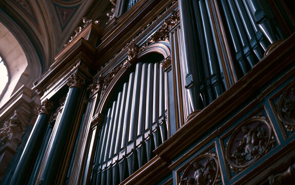 Long metal pipes of an organ playing in an Italian religious cathedral