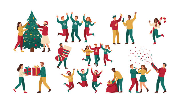 Happy people celebrating Christmas party set with dancing friends decorating tree giving gifts wearing ugly sweaters vector