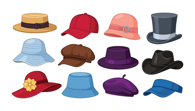 Headwear collection vector set featuring various classic hats baseball cap fedora sunhat bowler top hat and bucket hat
