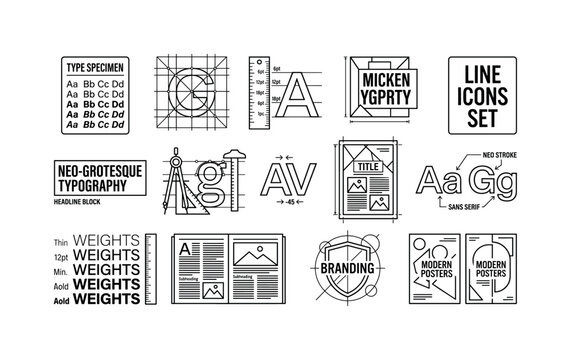Neo Grotesque Typography, line icon set featuring type specimen card, geometric grid, font ruler, headline block, letterform construction tool, kerning arrows, poster layout, covering neo grotesque