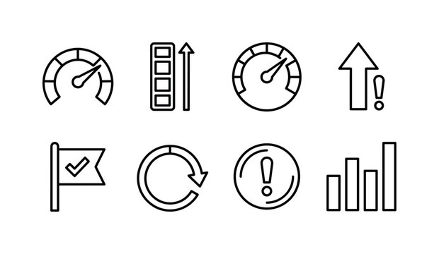 Priority Gauge Indicators, line icon set featuring priority gauge, urgency meter, speedometer, high-priority arrow, task flag, progress dial, alert badge and ranking bars, covering priority, urgency,