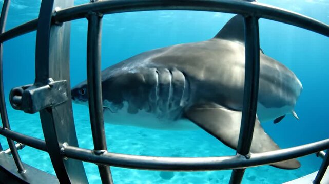 Great White Shark swims in cage underwater close up jaws ocean predator