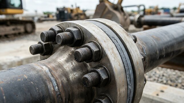 Heavy Machinery Flanged Fitting Assembly Secured with Industrial Fasteners Detailed close up shot of a metallic pipeline joint tightly bolted together using heavy duty hardware elements outdoors