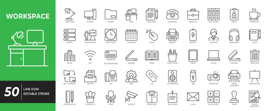 Workspace outline icon set. Editable stroke