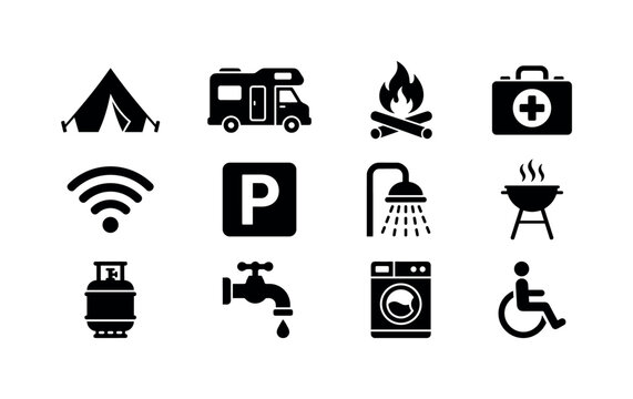 Camping Service Amenities, solid glyph icon set featuring tent, camper van, campfire, first aid kit, Wi-Fi symbol, parking sign, shower, barbecue grill, gas bottle, water tap, laundry machine and