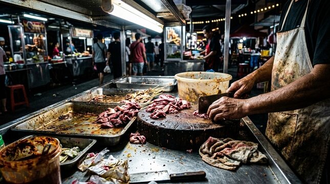 Close up view of rustic wooden table surface, various fresh raw ingredients, assorted spices, and cooking tools for culinary preparation, evoking a warm market feel