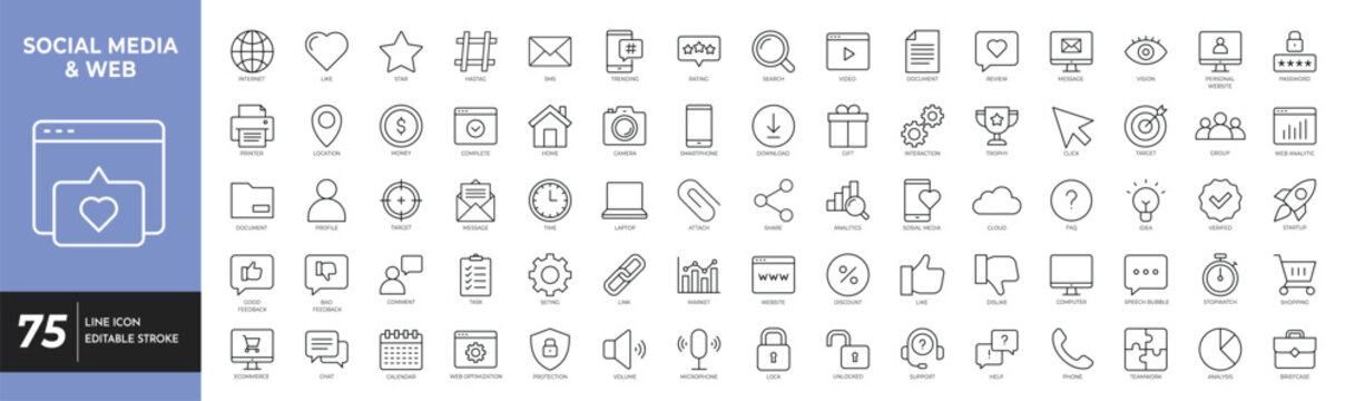 Social media & Web outline icon set. Editable stroke