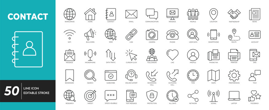 Contact outline icon set. Editable stroke