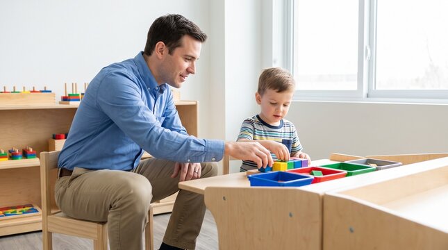 Pediatric Therapist Guiding Autistic Child Hand Over Hand in Behavior Skill Activity