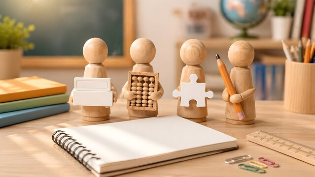 Wooden peg dolls holding an abacus puzzle piece and pencil standing behind a blank notebook on a school desk.
