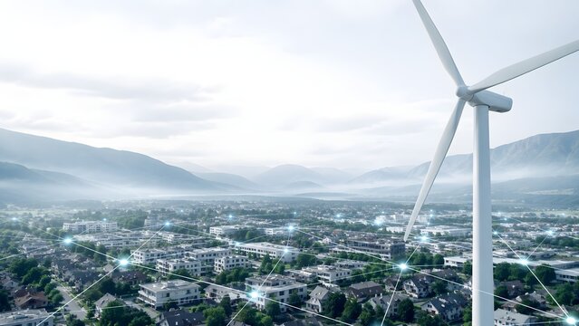 Smart city concept with a wind turbine and glowing digital network nodes connecting residential houses in a mountain valley.