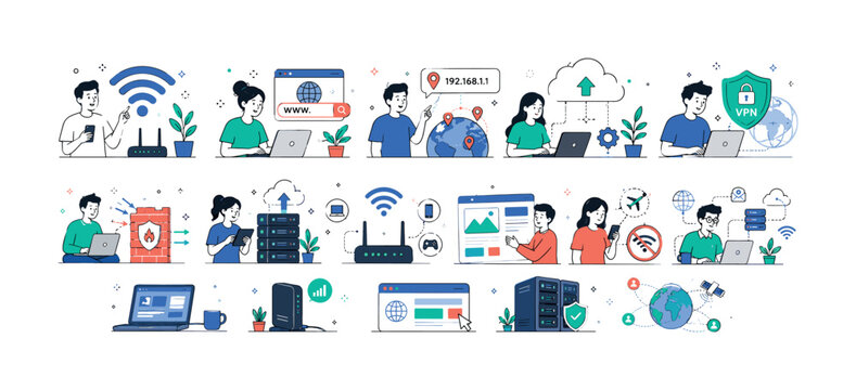 Internet Web Technology &mdash; colorful editorial illustration set, 10 separate mini scenes in a 5x2 layout showing Wi-Fi, domain, IP address, cloud computing, VPN, firewall, hosting, router, website,