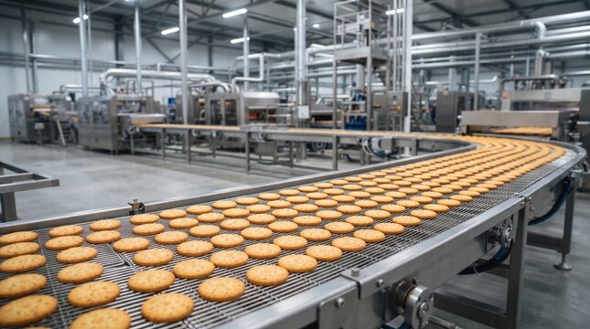 Automated conveyor belt system transporting freshly baked cookies in modern food manufacturing industrial factory