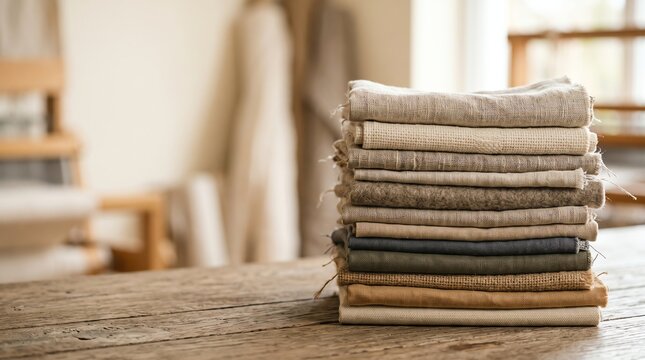 linen fabric stack folded on wooden workbench in craft studio copy space