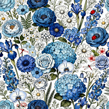Blue‑Tone Botanical Floral Seamless Pattern