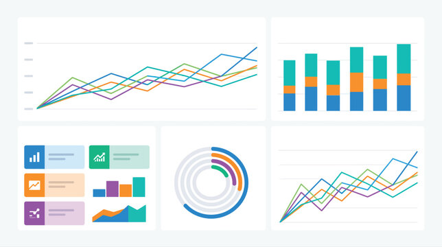 Assorted data charts and graphs showing analytics dashboards and visualizations.