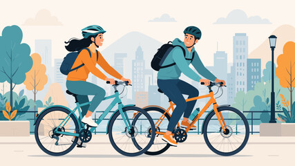 Fototapeta premium Two friends enjoying a sunny day cycling through a vibrant urban park