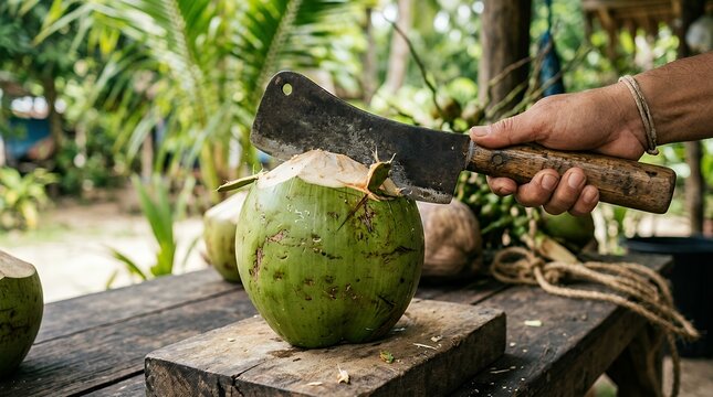 Detail Shot of Opening Tropical Green Fruit Shell with Traditional Timber Cleaver Tool coconut hand cleaver knife tool opening fruit tropical natural organic fresh drink beverage water health healthy