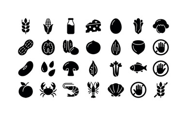 Naklejka premium Food Allergen Symbols, solid glyph icon set featuring wheat, milk bottle, cheese, peanut, walnut, soy bean, sesame seed, corn, fish, crab, egg, mushroom, mustard, celery and peach, covering