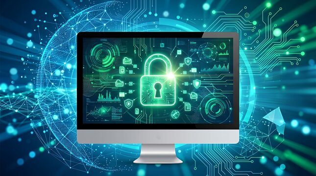 Digital Cybersecurity and Data Safety Horizontal Banner Computer Screen Green Lock Concept Background computer security banner cybersecurity privacy digital data safety green lock network protection