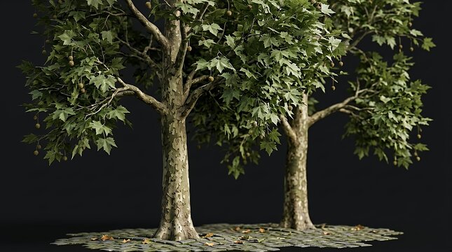 High detail three dimensional rendering of mature London plane treesagainst a stark dark backdrop 3d rendering tree isolation green foliage nature render botanical model dark background