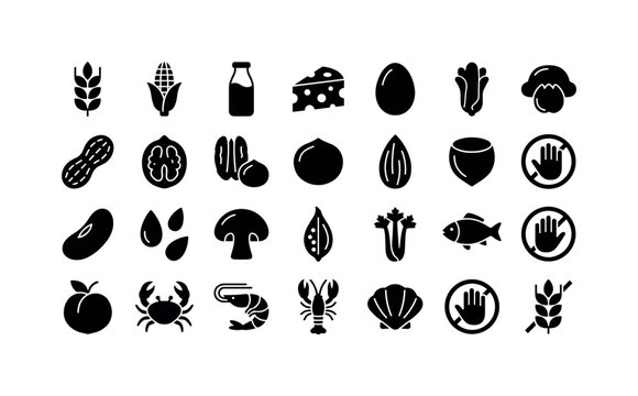 Food Allergen Symbols, solid glyph icon set featuring wheat, milk bottle, cheese, peanut, walnut, soy bean, sesame seed, corn, fish, crab, egg, mushroom, mustard, celery and peach, covering