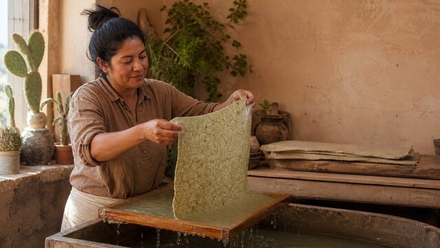 Close up view of a woman artisan carefully working with natural fibers and crafting delicate textile goods, traditional skilled hands at work, evoking craftsmanship and cultural heritage