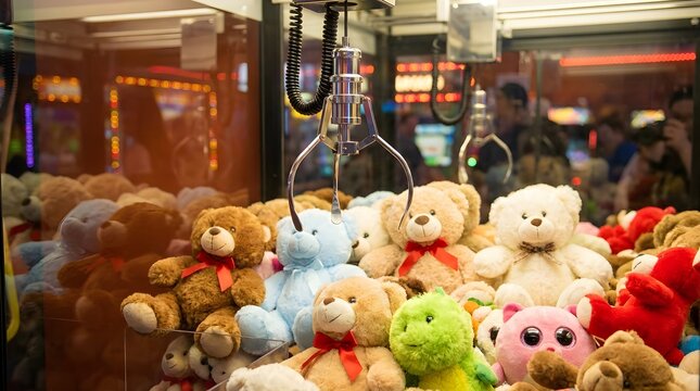 Arcade claw machine crane hovering over various colorful plush stuffed teddy bears for winning