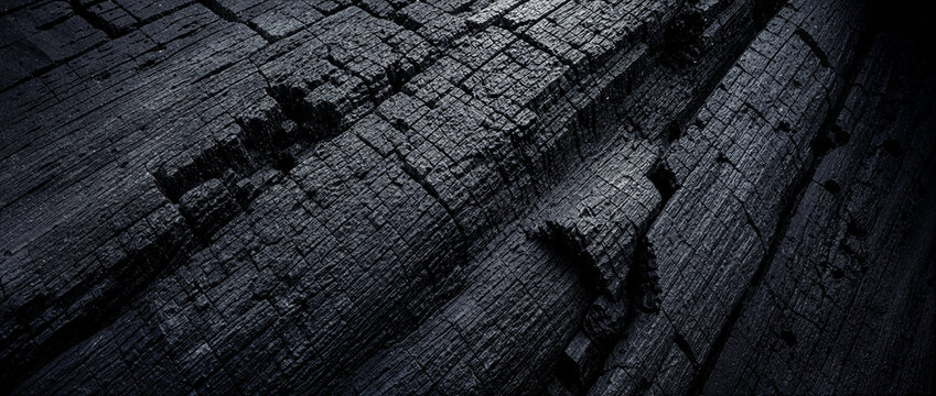 Black Charred Wood Texture Background, Burnt Timber Grain with Cracked Charcoal Yakisugi Shou Sugi Ban Pattern for Dark Abstract Wallpaper Design