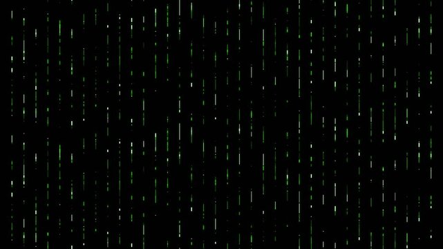 Vertical green digital data rain matrix code stream animation on black background