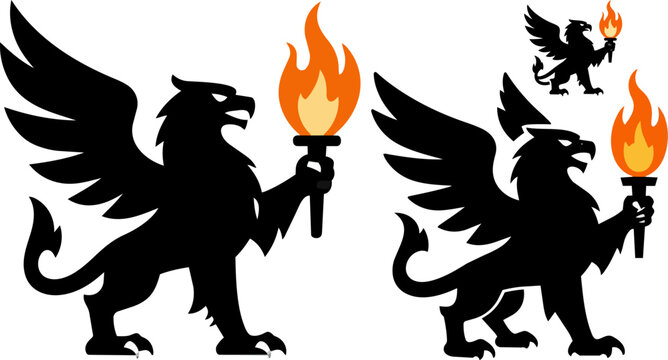 Heraldic griffin silhouette holding flaming torch, mythical creature mascot set, black gryphon vector icons with orange fire