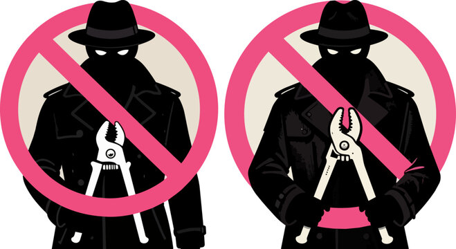 Anti-theft security sign with burglar silhouette, crime prevention warning icon, thief with bolt cutters in red prohibition circle