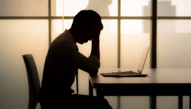 Side view silhouette of an exhausted office worker sitting with elbows on a desk and both hands covering their head.