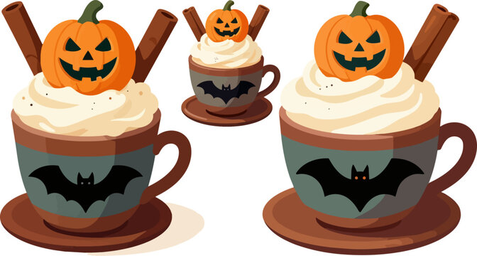 Halloween pumpkin spice latte vector set, spooky coffee cups with whipped cream and jack-o-lanterns, autumn bat mugs