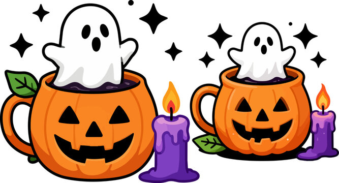 Halloween pumpkin mug vector, cute ghost in jack o lantern cup, spooky autumn coffee mug with purple candles and stars