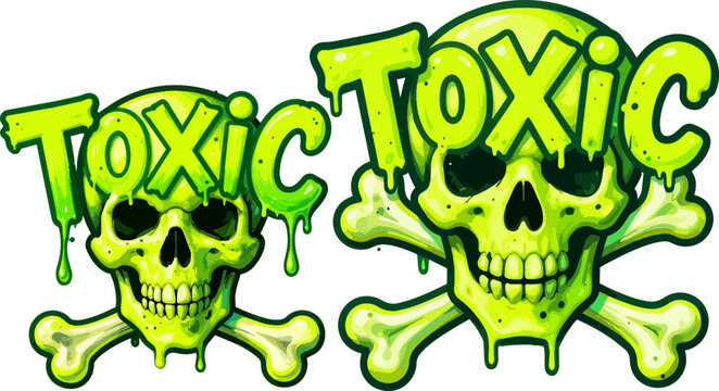 Toxic skull and crossbones vector set, neon green dripping slime typography, radioactive hazard warning illustrations for streetwear