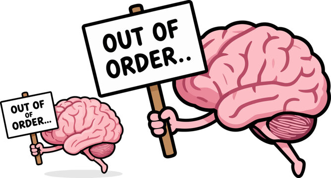 Out of order brain cartoon, mental health burnout illustration, pink human brain holding protest sign, stress and exhaustion vector