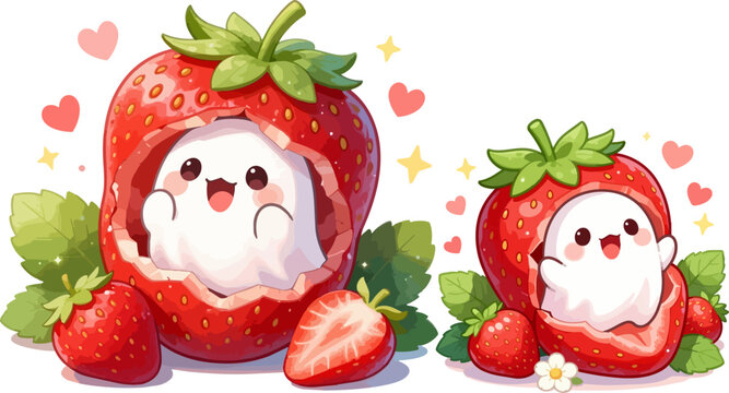 Kawaii ghost strawberry character vector, cute spooky berry mascot with hearts, adorable fruit ghost illustration for stickers