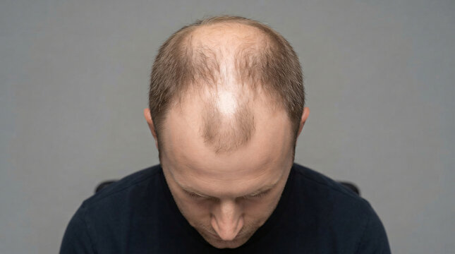 Commercial stock photo of male pattern baldness and thinning hair. High-angle top-down view of a man head showing a receding hairline and empty vertex crown for alopecia and hair loss treatment concep