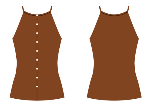 Brown halter top with sleeveless cut, button closure and fitted shaping. Technical fashion illustration in flat color, front and back views, clean silhouette, modern apparel design. Vector