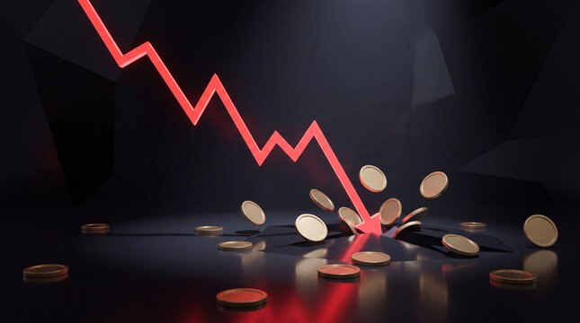 Falling red trend line coin financial loss market crash dark background business crisis economic decline profit loss