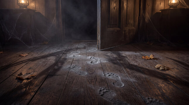 Footprint door open wood floor dark room mysterious trail old house light haze