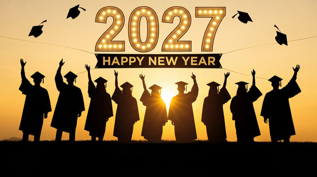 Graduation celebration silhouettes in sunset, happy new year 2027 with caps in air