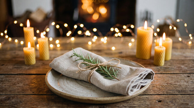 Napkin tied with rosemary on rustic table, linen napkin with herb garnish and candles in warm dinner setting