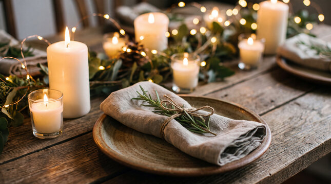 Table setting linen napkin rosemary sprig rustic plate wooden table candle light festive decor natural decor cozy dining dinner party