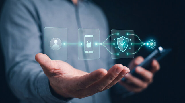 Security workflow hand smartphone shield lock network protection digital authentication access
