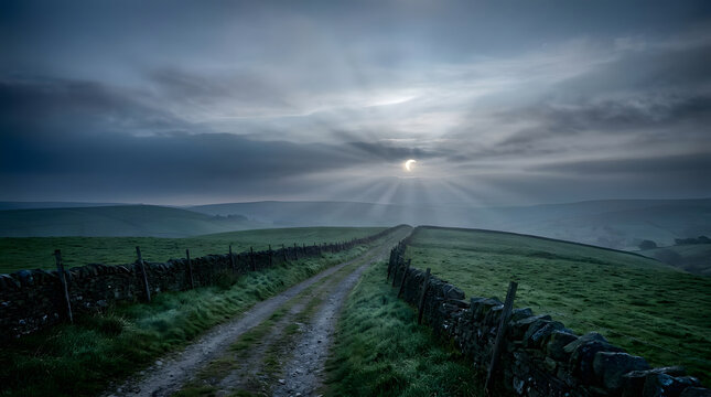 Country road and stone wall under cloudy solar eclipse.