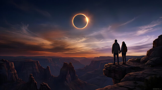 Couple watching annular solar eclipse from canyon cliff.