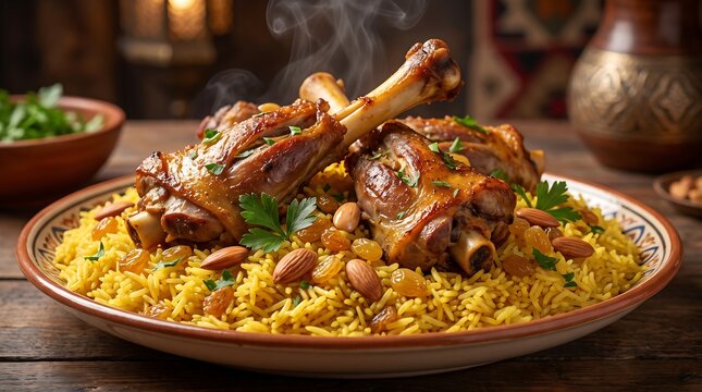 Roasted lamb shanks on spiced yellow mandhi rice with nuts