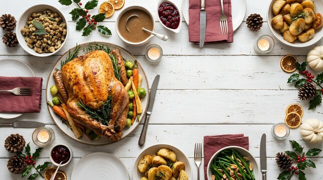 Festive Roast Turkey Dinner Flatlay Frame on Rustic White Wooden Table Surface with Copy Space thanksgiving dinner turkey feast holiday food frame rustic white wood top view flatlay roast meal autumn